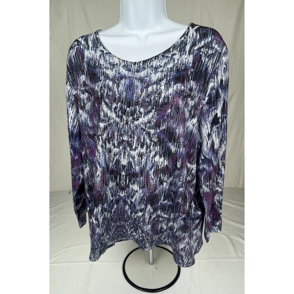 CHICOS WOMENS SIZE 2 TOP PURPLE BLUE ABSTRACT 3/4 SLEEVE SCOOP NECK STRETCH KNIT